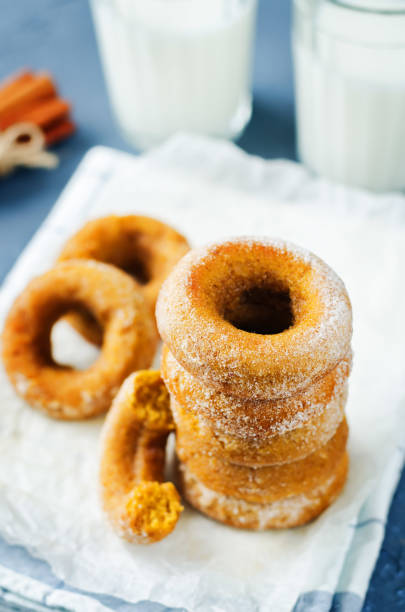 Baked pumpkin donuts with glasses of milk