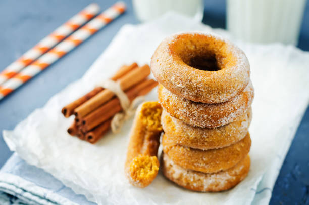 Baked pumpkin donuts with glasses of milk