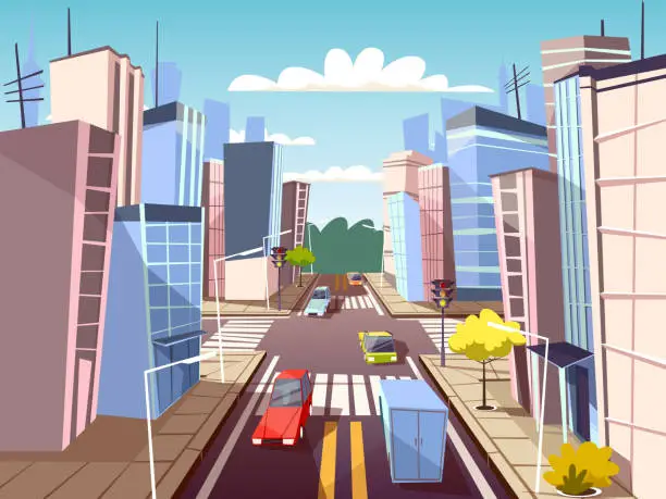 Vector illustration of City street cars vector cartoon illustration of urban transport traffic lane and pedestrian crosswalk with marking