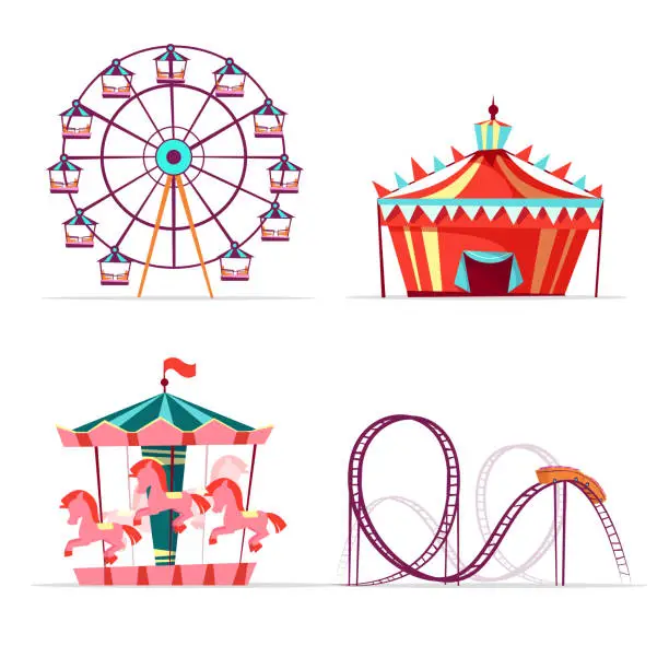 Vector illustration of Vector cartoon amusement park attractions set
