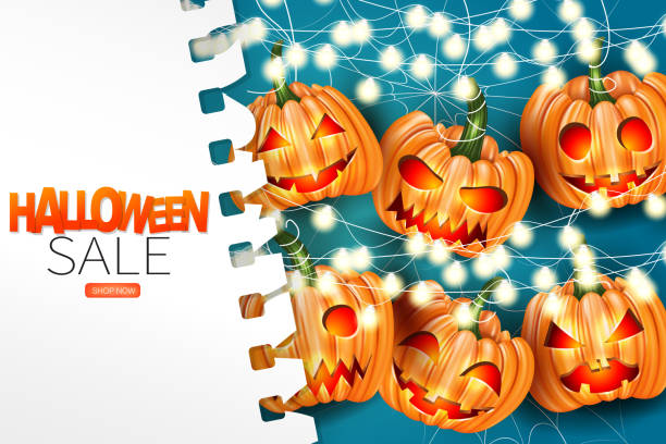 istock Halloween sale flyer, brochure, or banner for advertisement, invitation, presentation. Orange creepy pumpkin faces with glowing lights garland on blue background cover by a white sheet of torn out paper. Vector illustration. 1169428472