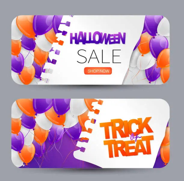 Vector illustration of Halloween sale banner or gift card. Advertisement design. Holiday event invitation. Trick or trat vector illustration with orange and purple ballons.