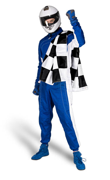 determined race driver in blue white motorsport overall shoes gloves integral safety crash helmet and chequered checkered flag isolated  white background. car racing motorcycle sport concept. - beautiful blue sport vertical imagens e fotografias de stock