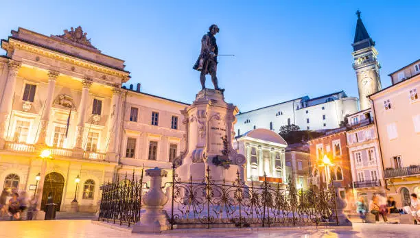 Photo of Tartini Square in old tourist costal Mediterranean town of Piran, Slovenia.