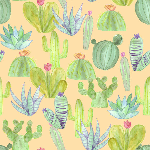 istock Cactus pattern in different shades of green with flowers on a yellow background. 1169441156