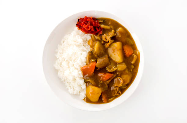 Japanese food, pork curry with rice on white background