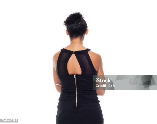 Beautiful Black Woman Wearing Cute Black Dress Arms Crossed Stock Photo - Download Image Now