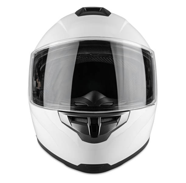 casco de choque integral de carbono de motocicleta blanca de fondo blanco aislado. concepto de seguridad de transporte de carreras de karts de coches de automovilismo - helmet crash helmet motorized sport auto racing fotografías e imágenes de stock