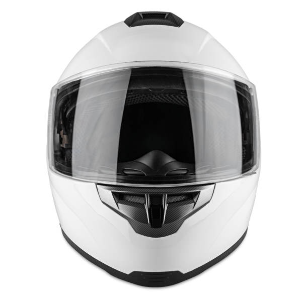 white motorcycle carbon integral crash helmet isolated white background. motorsport car kart racing transportation safety concept - racing helmet imagens e fotografias de stock