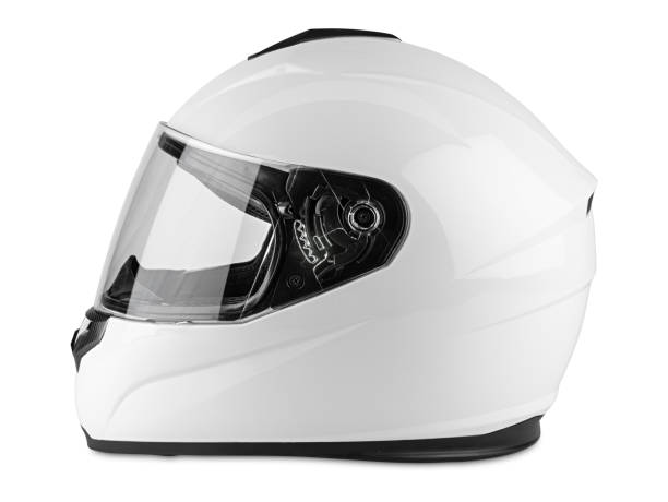 白いオートバイカーボン一体型クラッシュヘルメット孤立した白い背景。モータースポーツカーカートレーシング輸送安全コンセプト - helmet motorcycle motorized sport crash helmet ストックフォトと画像