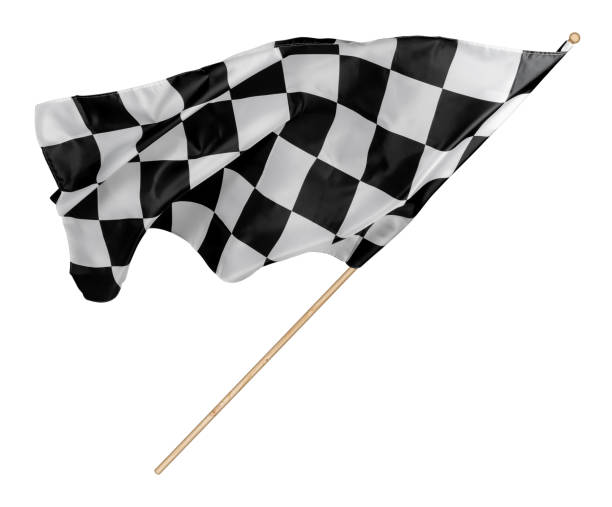 schwarz weiß rasse kariert oder kariert flagge mit holzstab isoliert hintergrund. motorsport-rennsymbol-konzept - checkered flag flag the end motorized sport stock-fotos und bilder