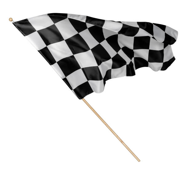 Black white race chequered or checkered flag with wooden stick isolated background. motorsport racing symbol concept stock photo
