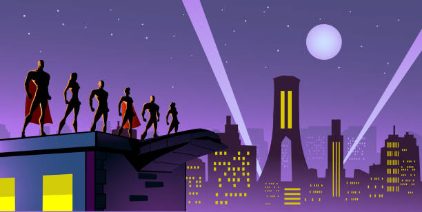 Vector Superhero Team in The City Silhouette Illustration A silhouette style illustration of a team of superheroes on a rooftop with city skyline in the background. Wide space available for your copy. superhero backgrounds stock illustrations