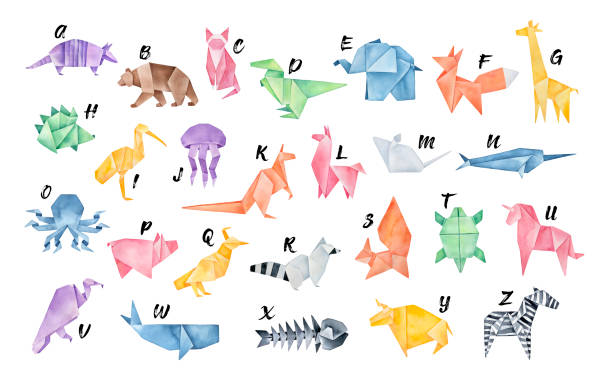Watercolour Origami Alphabet. Letters from A to Z: armadillo, bear, cat, dinosaur, elephant, fox, giraffe, hedgehog, ibis, jellyfish, kangaroo, llama, mouse, narwhal, octopus, pig, quail, raccoon, squirrel, turtle, unicorn and other. Hand drawn watercolor illustration. cat origami stock illustrations