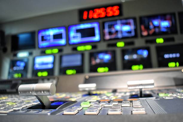 Equipment in control room for television production. Equipment of television production in control room for live TV broadcast and production of television programs. tv production stock pictures, royalty-free photos & images