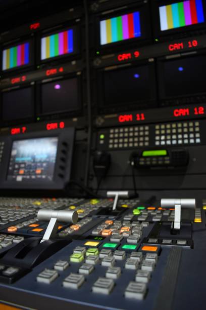 istock Broadcast equipment in outside broadcasting van. 1169474501
