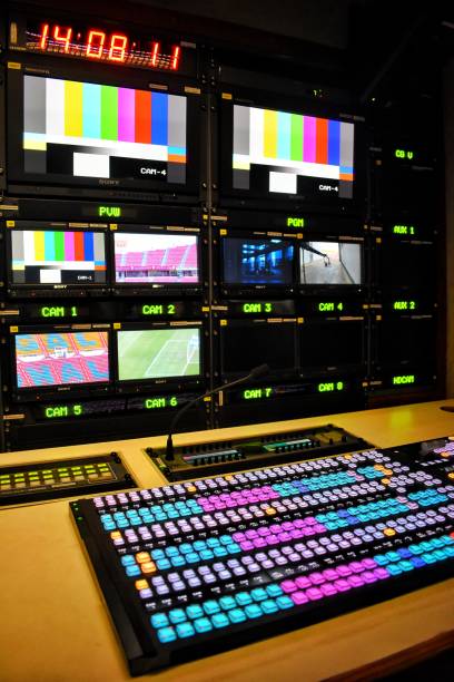 istock Equipment in outside broadcasting van. 1169474556