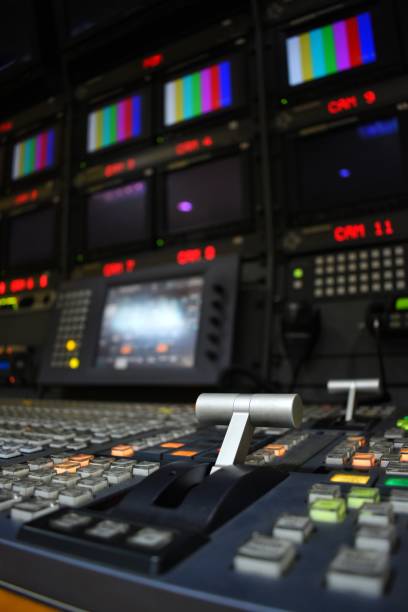 istock Broadcast equipment in outside broadcasting van. 1169475027