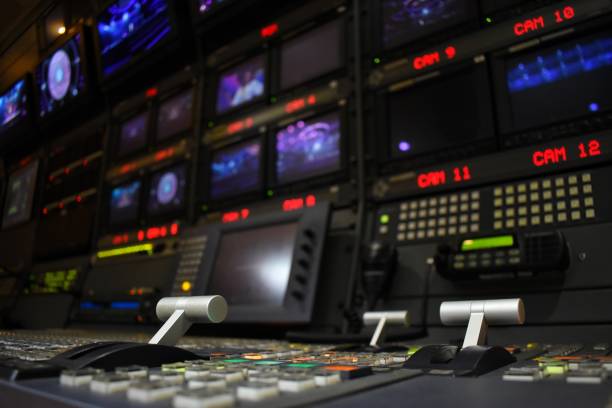 istock Broadcast equipment in outside broadcasting van. 1169475091