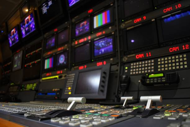 istock Broadcast equipment in outside broadcasting van. 1169475265