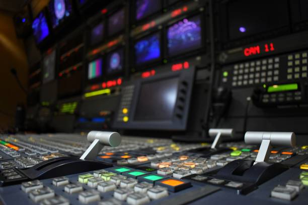 istock Broadcast equipment in outside broadcasting van. 1169475266