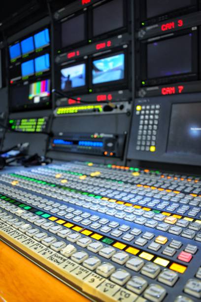 istock Equipment in outside broadcasting van. 1169475489