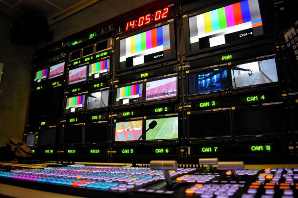 Equipment in outside broadcasting van. Equipment in outside broadcasting van for live TV broadcast and production of television programs. control room photos stock pictures, royalty-free photos & images