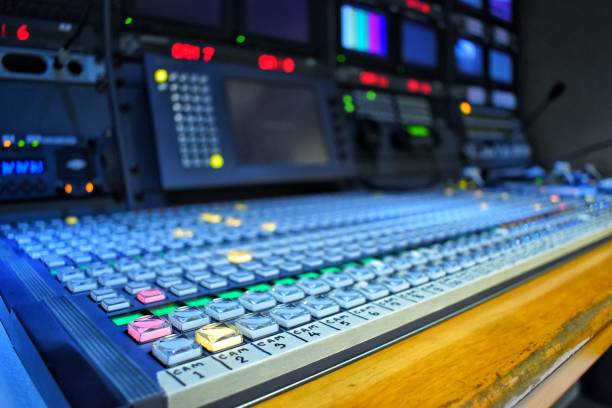 istock Equipment in outside broadcasting van. 1169475499