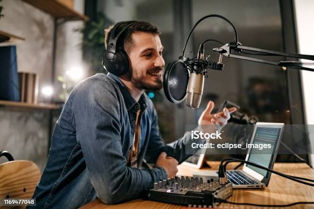 I Will Tell A Joke Now Stock Photo - Download Image Now - Podcasting, Microphone, Recording Studio