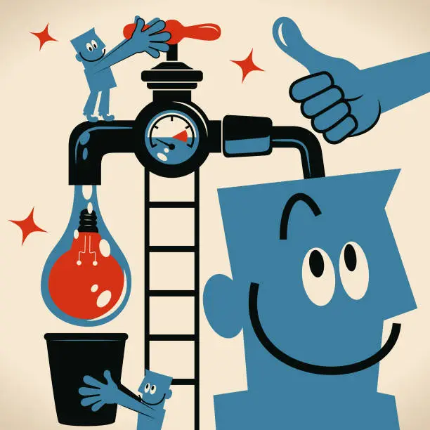 Vector illustration of Teamwork man turning on a tap and water with an idea light bulb flowing from the faucet and coworker holding a bucket to catch it