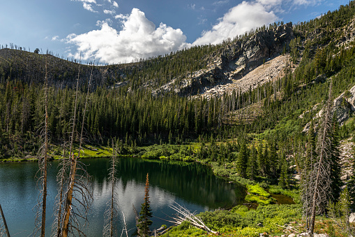 Remote mountain lake with the mountain reflecting on the water. Rocky peaks and pine trees. True wilderness.