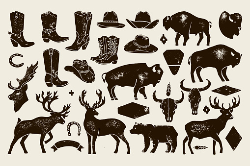 Big set of Hand Draw vintage native American signs from Deer, Buffalo, Cowboy Boots and Hats, cow Skulls, bear. Vector Badge Silhouette for creating Logos, Lettering, Posters and Postcards.