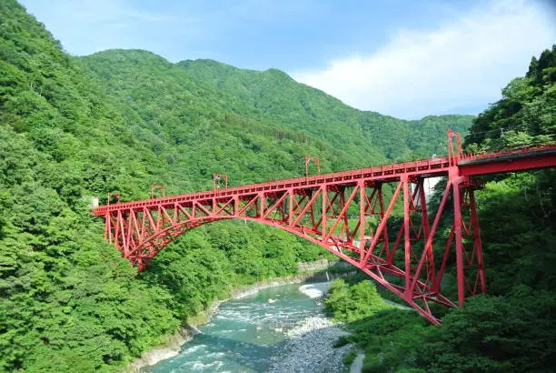 Red iron bridge of Kurobe Gorge Railway in Japan