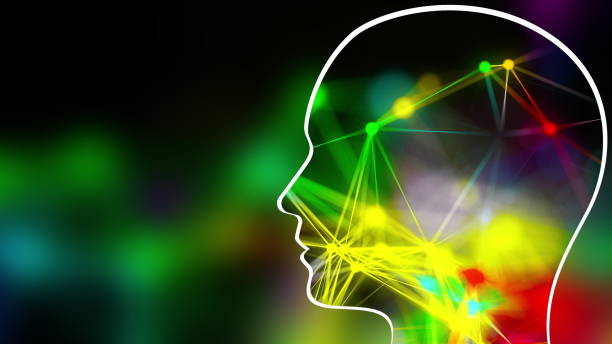 istock Grid of thin straight lines connected by dots inside the head on a green, computer generated background, 3d rendering 1169479580
