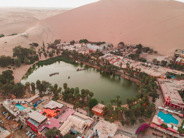Aerial view of Oasis in desert-Huacachina in Peru stock photo