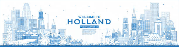 ilustraciones, imágenes clip art, dibujos animados e iconos de stock de esquema bienvenido a holanda skyline con edificios azules. - amsterdam netherlands city skyline