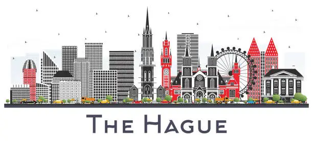 Vector illustration of The Hague Netherlands City Skyline with Color Buildings Isolated on White.