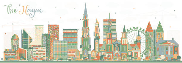 stockillustraties, clipart, cartoons en iconen met den haag nederland skyline van de stad met kleur gebouwen. - den haag