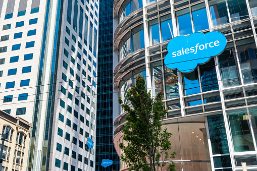 August 21, 2019 San Francisco / CA / USA - The new Salesforce corporate headquarters together with Salesforce East and West towers visible in the background