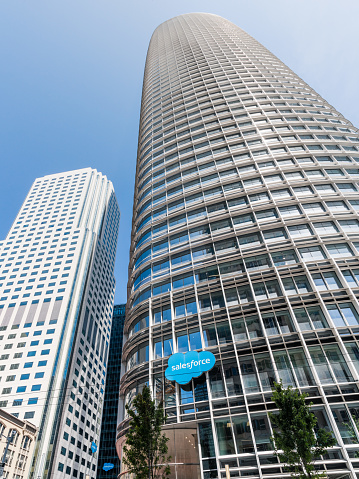 August 21, 2019 San Francisco / CA / USA - Panoramic view of Salesforce tower, the new company corporate headquarters; Salesforce East and West towers visible in the background