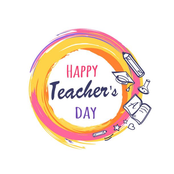 Happy Teachers Day Poster Vector Illustration Happy teachers day promo poster depicting orange circle with icons of books, pen and pencil, vector illustration isolated on white, logo design happy teacher day stock illustrations