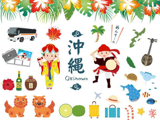 Okinawa set4 It is an illustration of a Okinawa. bus borders stock illustrations