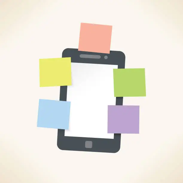 Vector illustration of Mobile phone with attached blank colorful sticky notes stickers on it to remind of upcoming appointments. With copy space for your text.