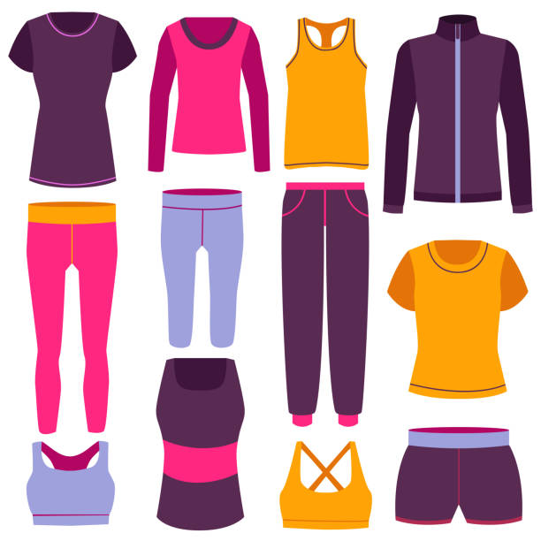 Cartoon Color Clothes Fitness Icon Set. Vector Cartoon Color Clothes Fitness Icon Set Include of Comfortable Elastic Pants, Jacket and Tights. Vector illustration of Icons leggings stock illustrations