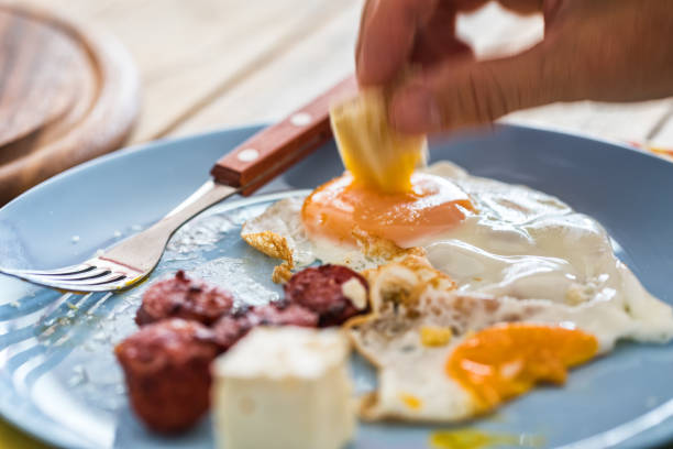 istock Simple breakfast, fried egg with sausage and soft cheese, close-up 1169499385