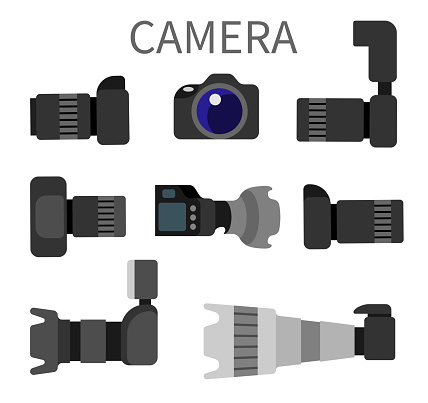 Set of high resolution action cameras with removable lens vector illustration front and side view photocameras isolated. Gear with flash and zoom function