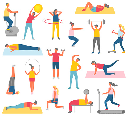 Characters doing fitness with sport items. Rubber ball, big hula hup, heavy weight or dumbbells, running track and exercise bike vector illustrations.