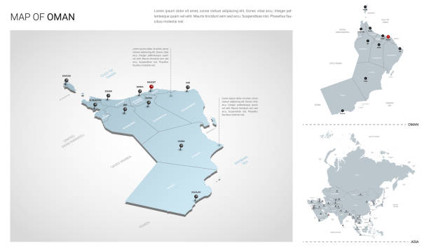 zestaw wektorowy kraju omanu.  mapa izometryczna 3d, mapa omanu, mapa azji - z nazwami regionów, nazwami stanów i nazwami miast. - oman stock illustrations