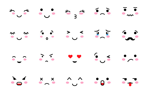 Set Of Emoji With Different Mood Kawaii Cute Smile Emoticons And Japanese  Anime Emoji Faces Expressions Stock Illustration - Download Image Now -  iStock