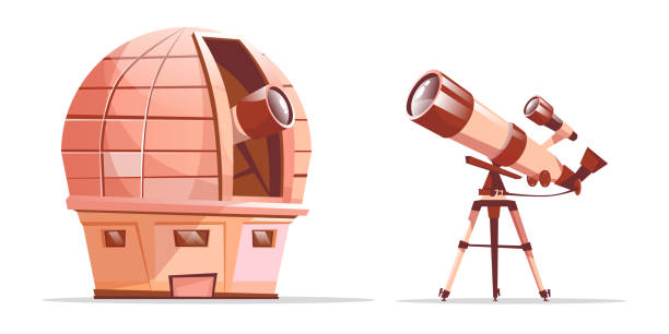 ilustraciones, imágenes clip art, dibujos animados e iconos de stock de telescopio vectorial en trípode, observatorio de astronomía - hand held telescope nobody backgrounds surveillance